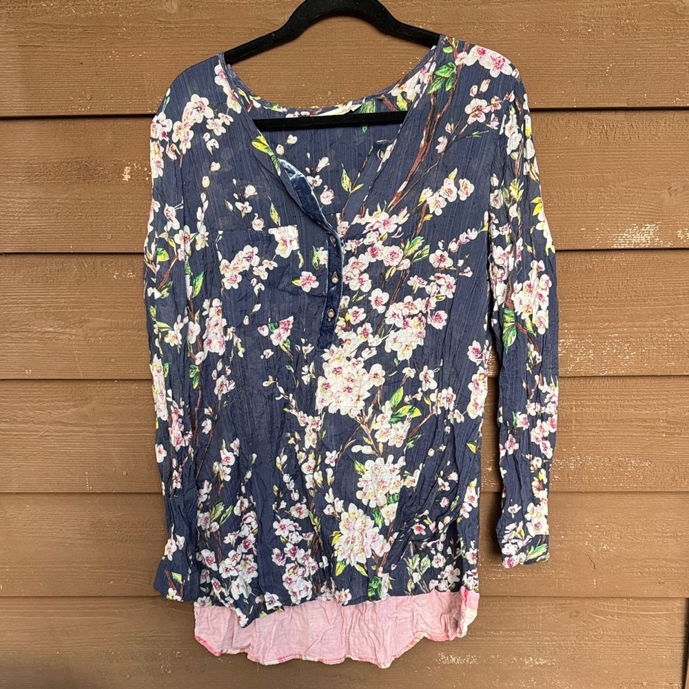 Soft Surroundings Floral Navy and Pink Tunic Style Blouse size XL